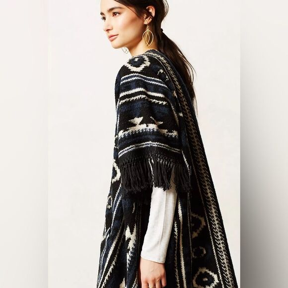 Anthropologie Dolan Avoca Poncho Open Front One‎ Size Blue Black Fringe - Picture 9 of 9